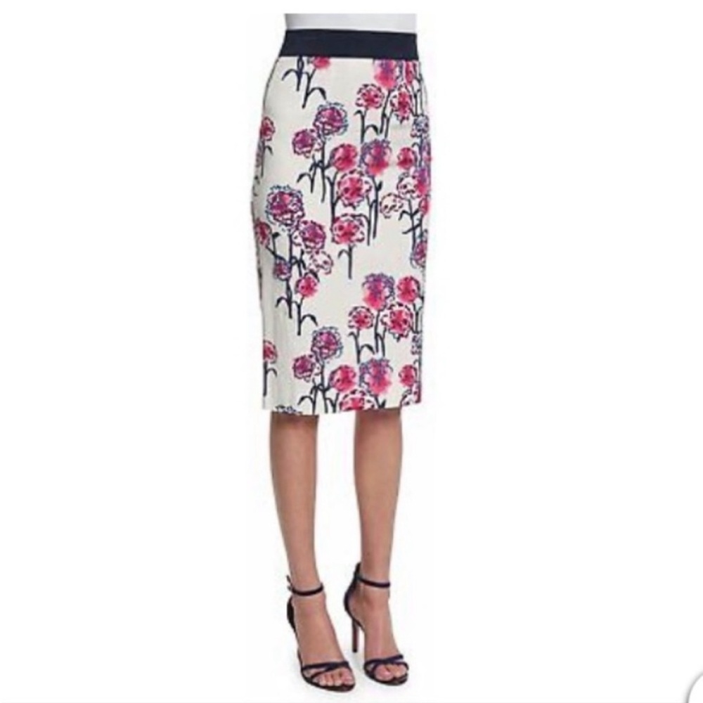 Tanya Taylor Floral Pencil Skirt White‎ with Navy and Pink Flowers Size 10
